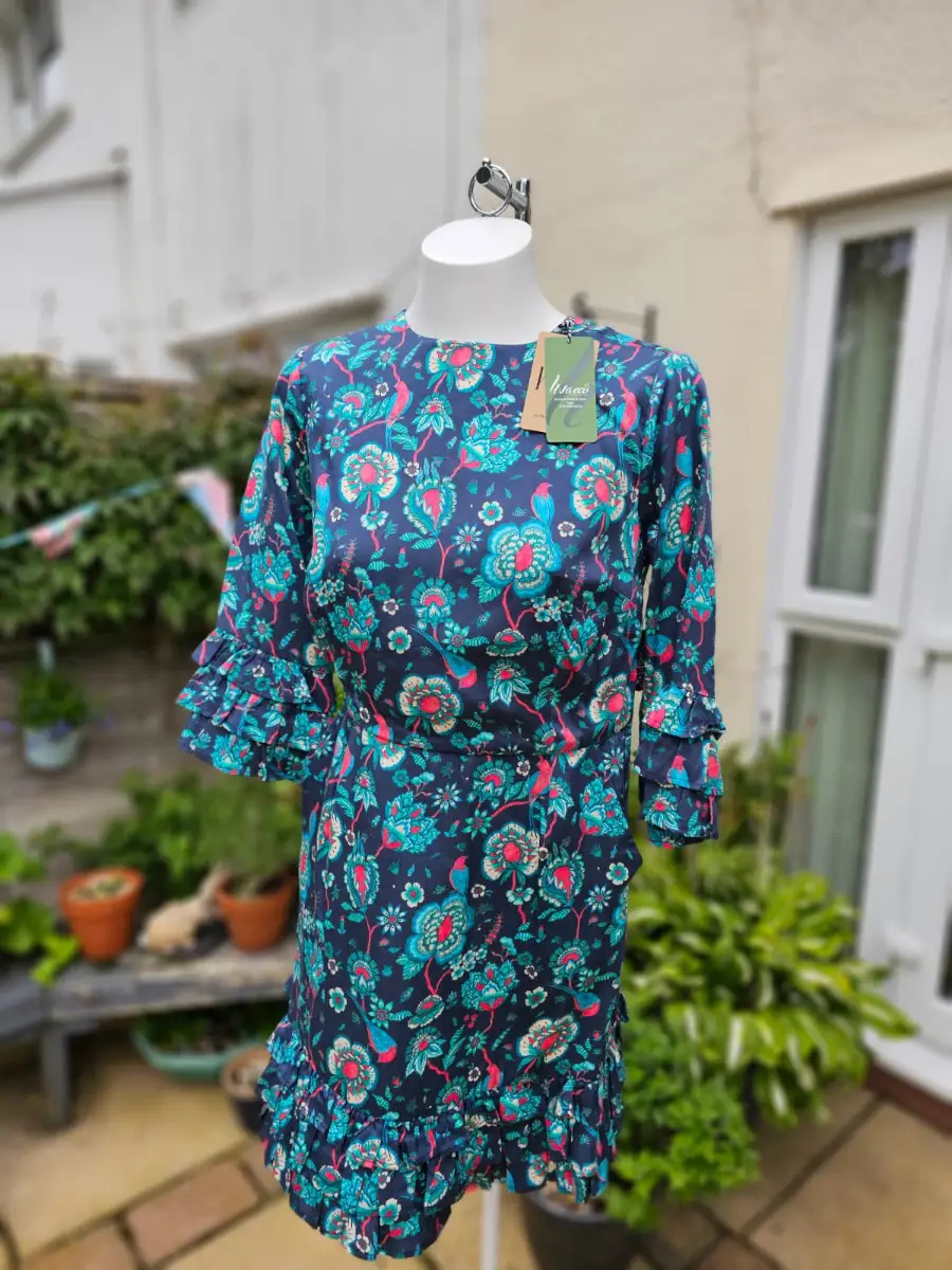 Joanie Caroline Floral Bird Floral Fauna Print Ruffle Mini Spring Dress - UK 10