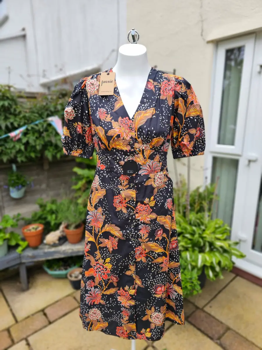 Joanie Rebecca Black Chintz Floral Print Puff Sleeve Button Front Midi Dress 10