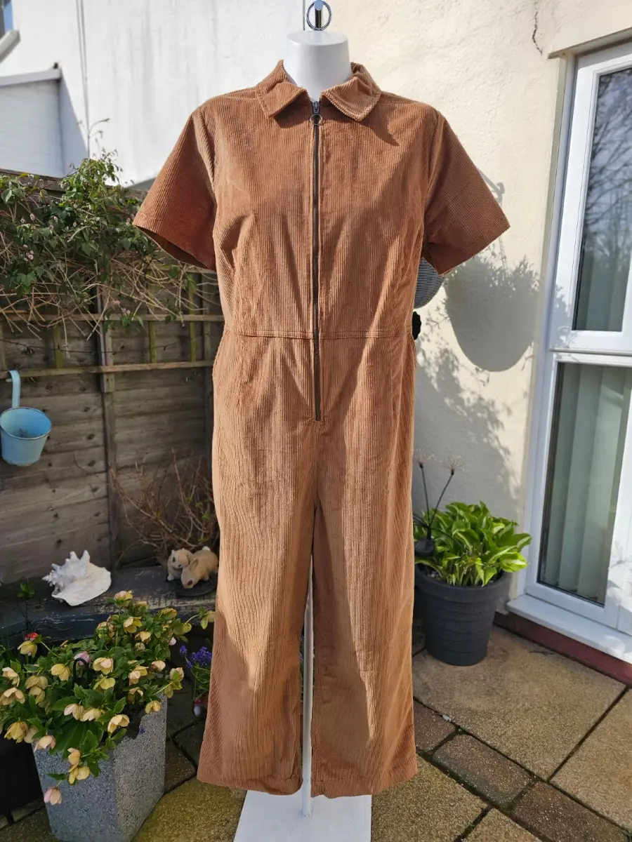 Joanie Women's Robin Short Sleeve Corduroy Zip UP Boilersuit/Jump Suit -18-Brown