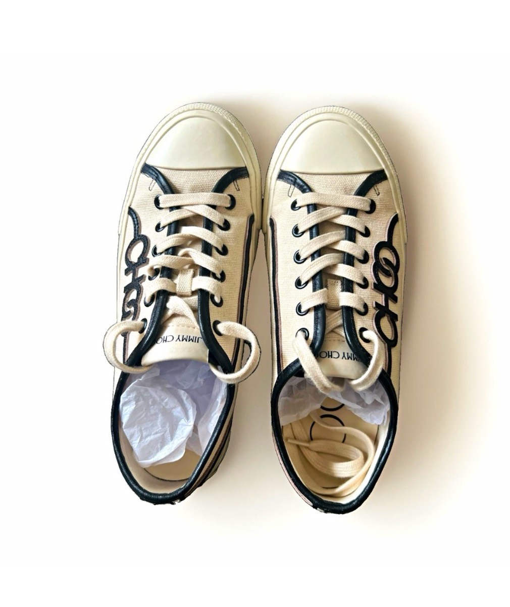 Jimmy Choo Fenix Lowe Canvas Low Top Lace Up Trainers Ivory/Black/Ecru UK4.5
