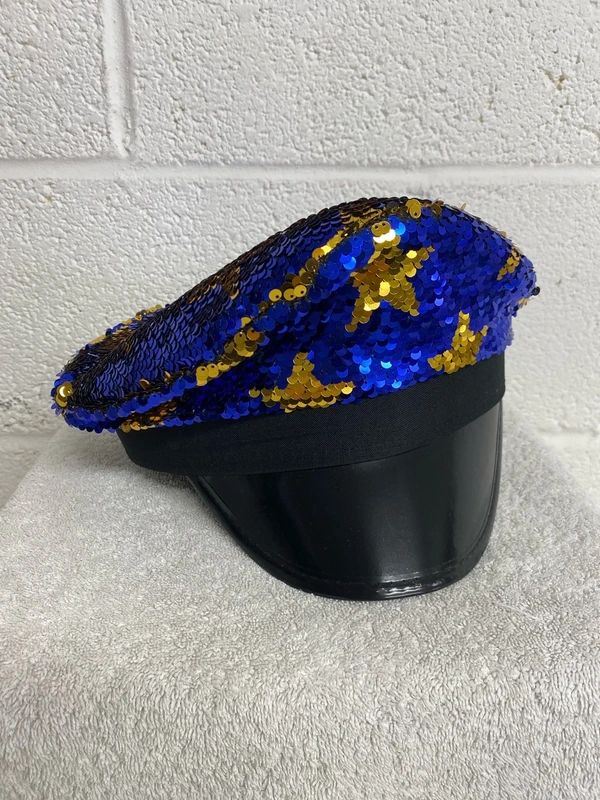 Blue & Gold Sequin Peaked Cap Hat Decorated with Stars