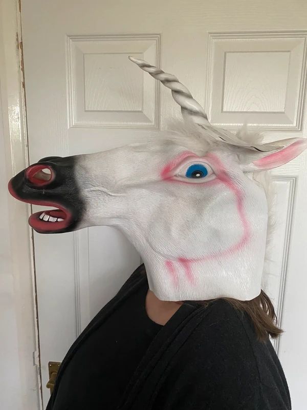 Overhead White Latex Unicorn Mask with Horn