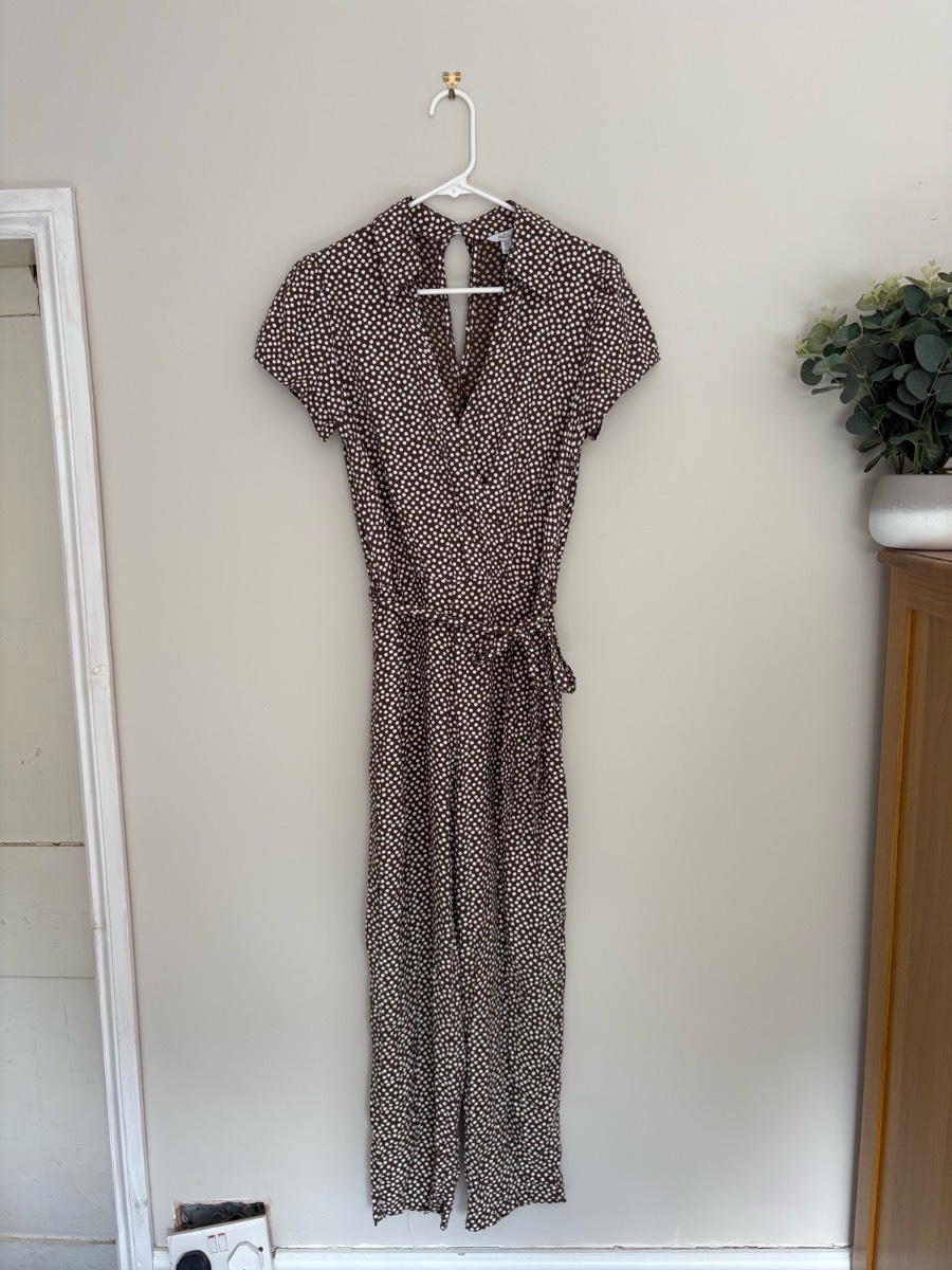 M&Co Brown & White Polkadot Print Wrap Jumpsuit - Size 10 - 100% Soft Viscose