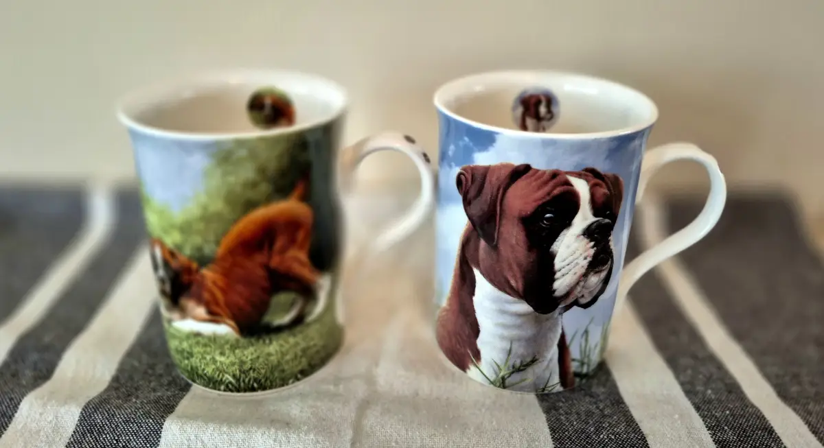 Set of 2x Boxer Dog Mugs Danbury Mint Porcelain China On the Beach & Bottoms Up! Ex Display