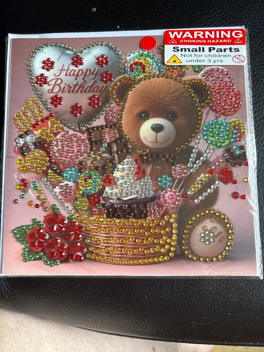 Birthday card with bear and cake diamond art