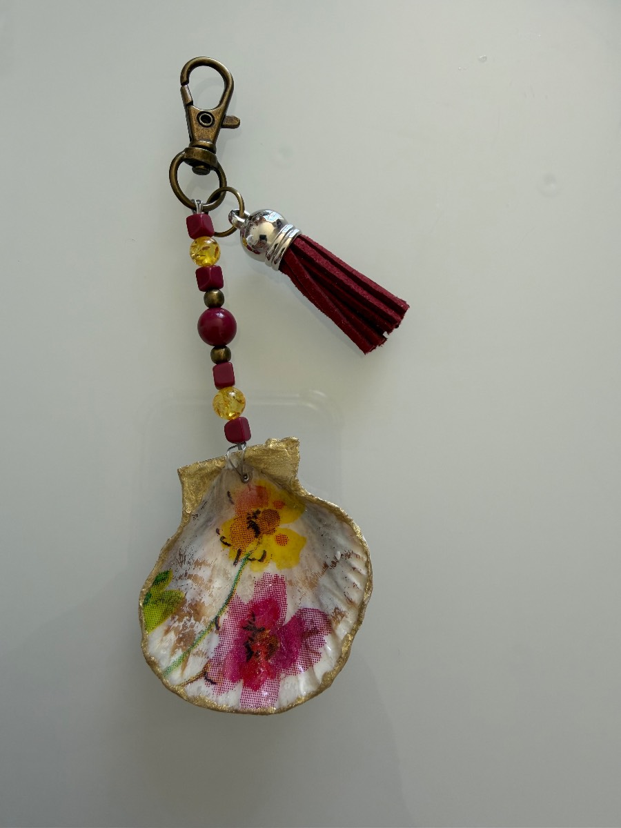 Floral Shell Keyring Multi-Colour Metal Split Ring & Lobster Clasp with Tassel