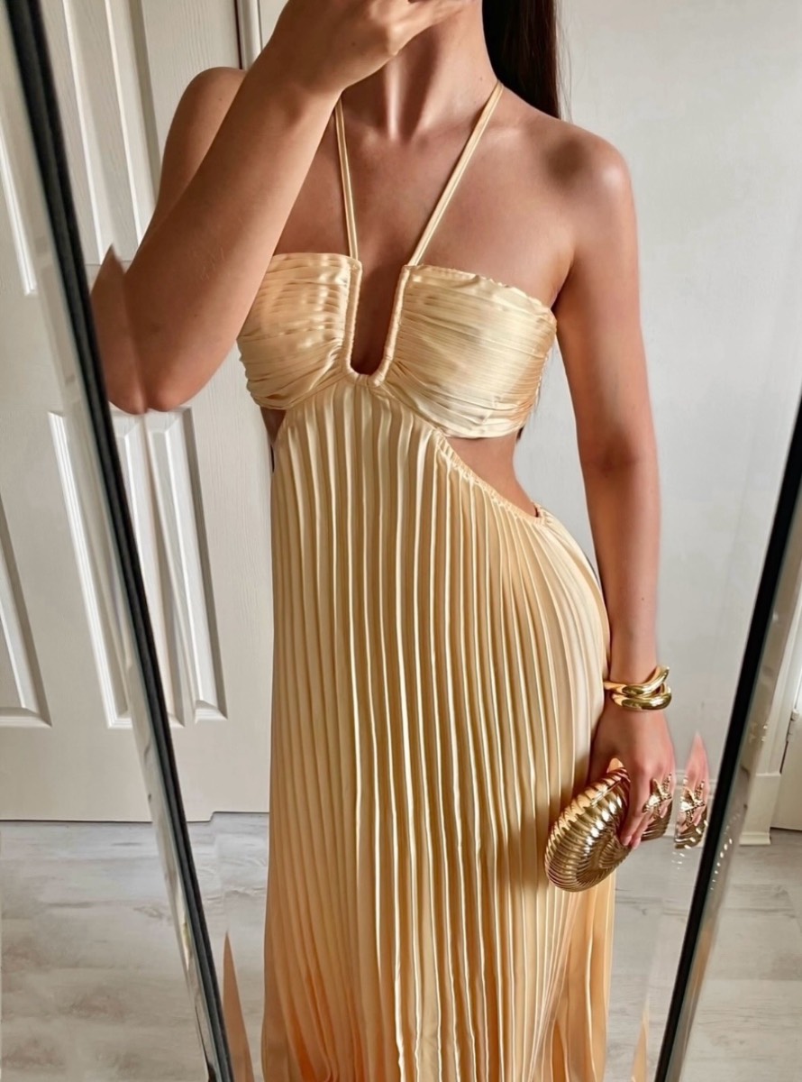Yellow pleated halter neck long maxi dress