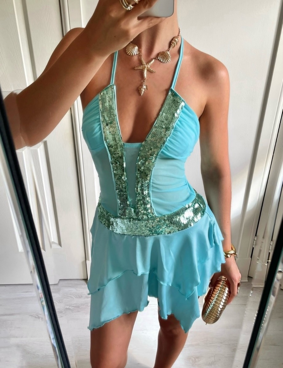 Turquoise light blue sequin embellished layered asymmetric halter neck mini dress