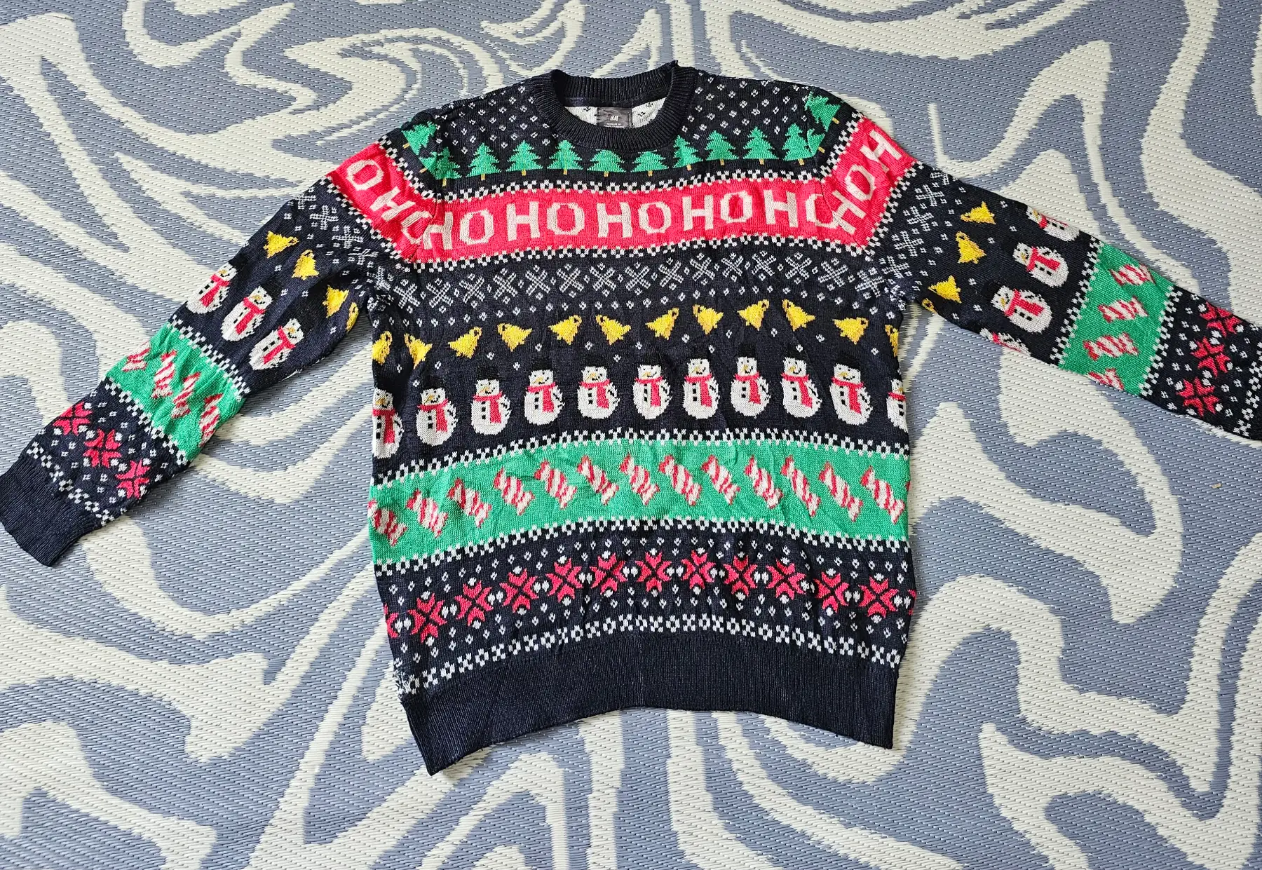 H&M Christmas Jumper L Snowman Candy Cane Ho Ho Ho Fair Isle