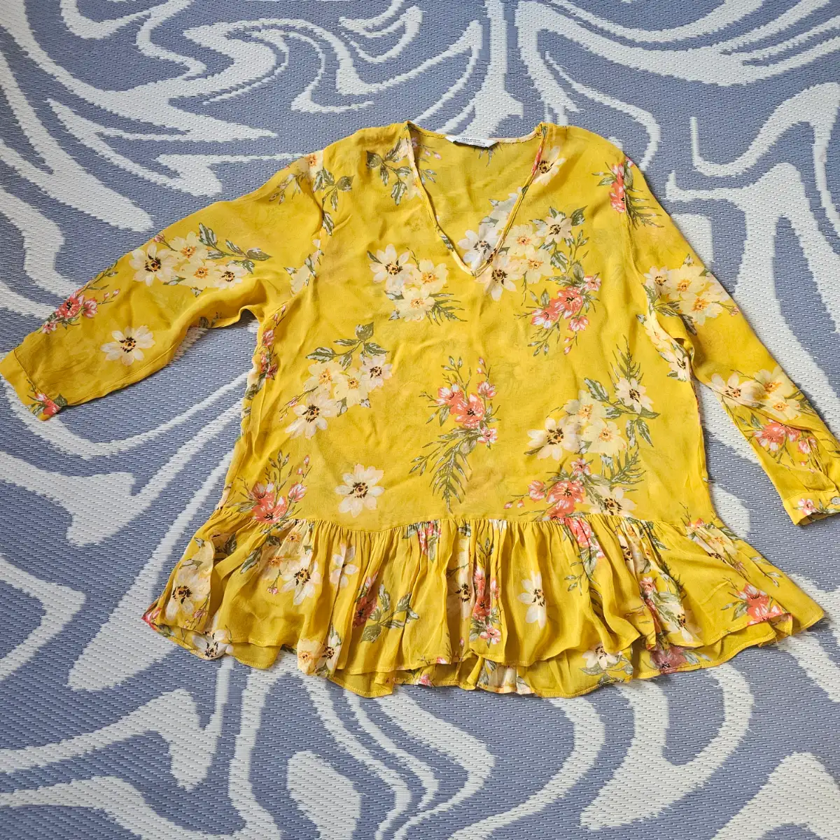 Zara Woman Premium Denim Collection Summer Yellow Floral Peplum Blouse
