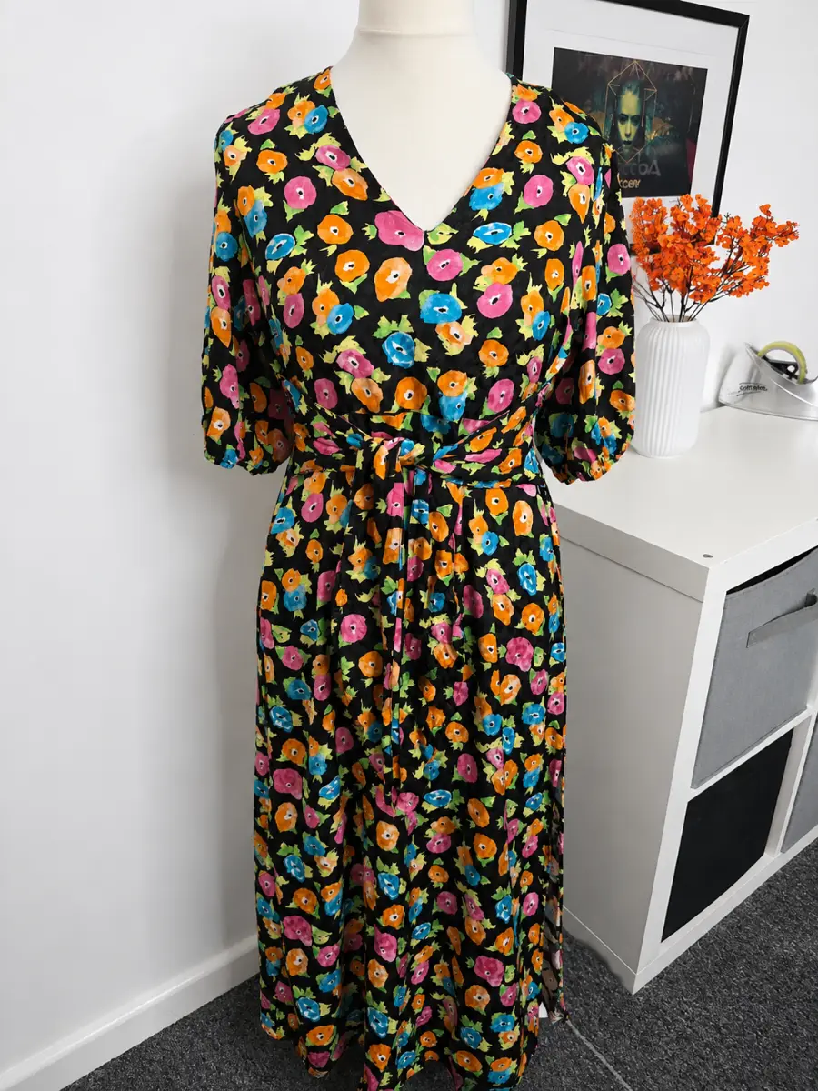 River Island Summer Dress Size 12 Floral Midi Bright Colourful Tie Waist V Neck