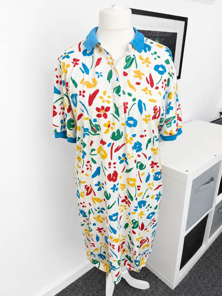 Vintage St Michael Floral Polo Dress Size 12 14 Colourful Cotton Midi Retro