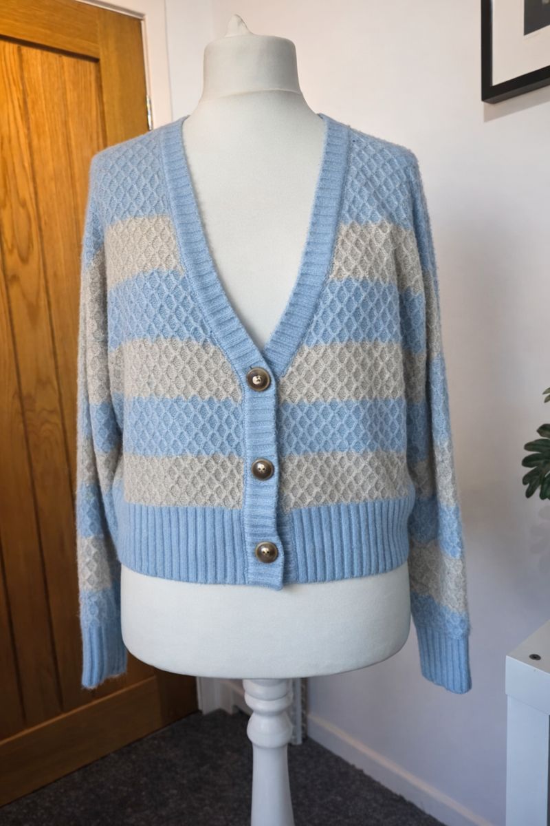 Ruby Moon Cardigan Size Large Blue Beige Stripe Fluffy Oversized Soft Knit Cosy