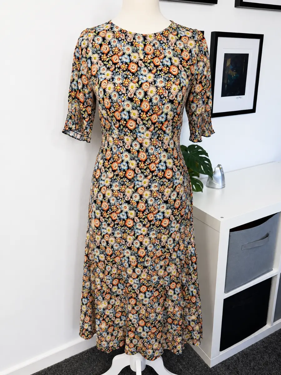Oliver Bonas Summer Dress Size 12 Floral Midi Black Multicolour Daisy