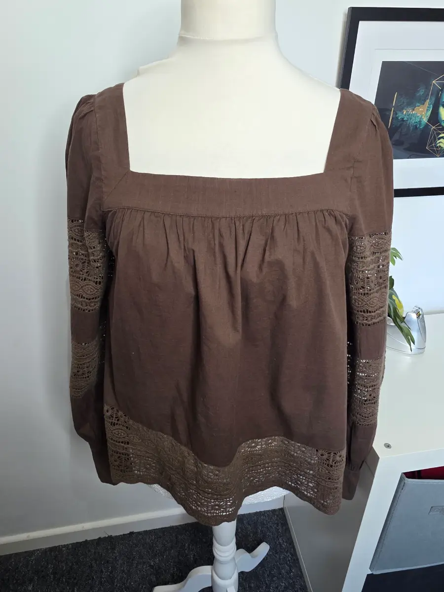 Next Summer Blouse Size 12 Brown Premium Cotton Broderie Boho Long Sleeve