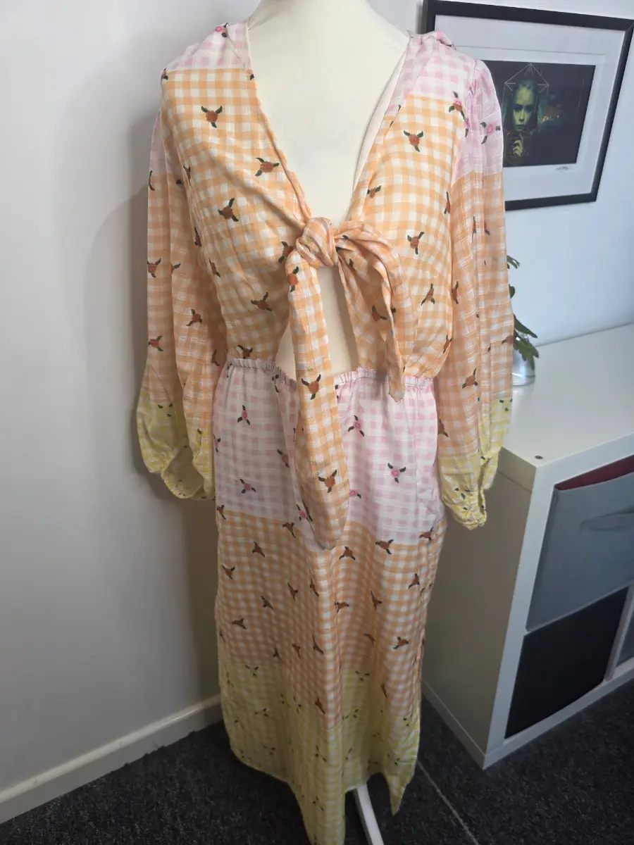 River Island Summer Dress Size 18 Pink Orange Gingham Maxi Floral Cut Out Boho