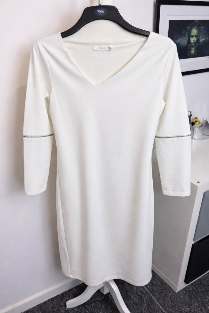 Finery John Lewis White Midi Dress Size 10 Zip Sleeve V Neck Stretch