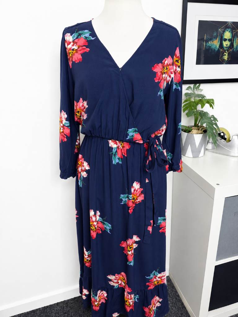 Joules Chloe Floral Maxi Dress Size 12 Navy Pink Wrap Style Midi Summery Wedding