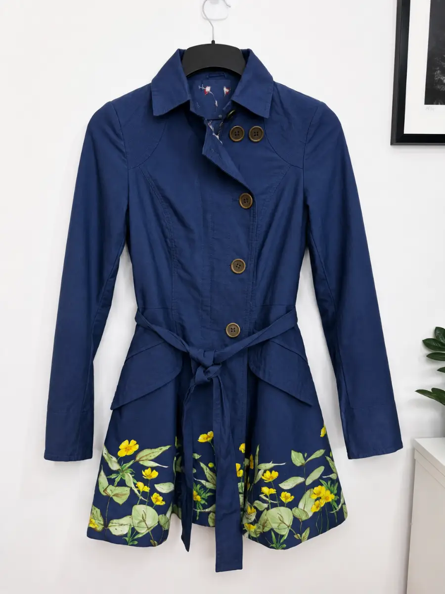 Joe Browns Trench Coat Jacket Size 8 Floral Blue Cotton Belted Butterfly Lined