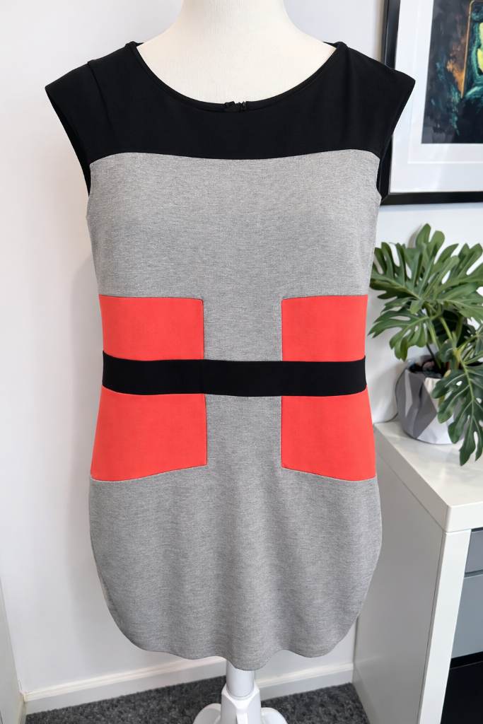 French Connection Midi Dress Size 14 Colour Block Black Coral Bodycon