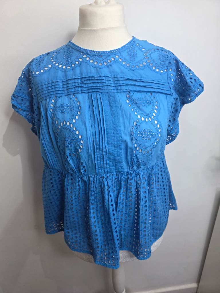 Kyra Blue Broderie Anglaise Top Size Medium 12 14 Cotton Smock Blouse Summer