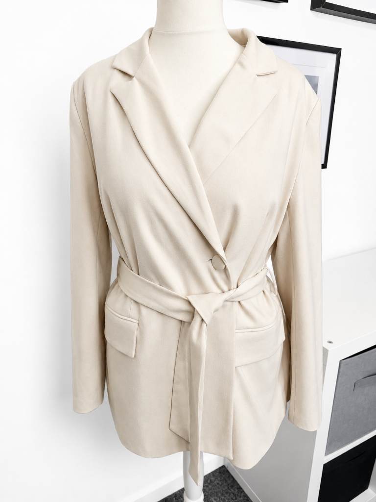 4th & Reckless Tall Blazer Jacket UK 16 Cream Belted Longline Smart Heavy Weight