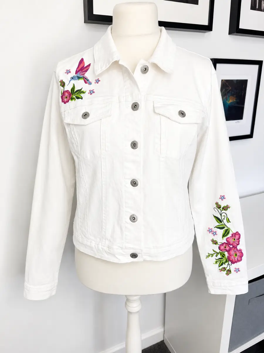 Joe Browns White Denim Jacket Size 18 Embroidered Floral Summer Cotton