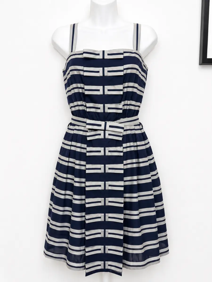 Jigsaw Silk Summer Dress Size 10 Wedding Guest Occasion Stripey Navy White
