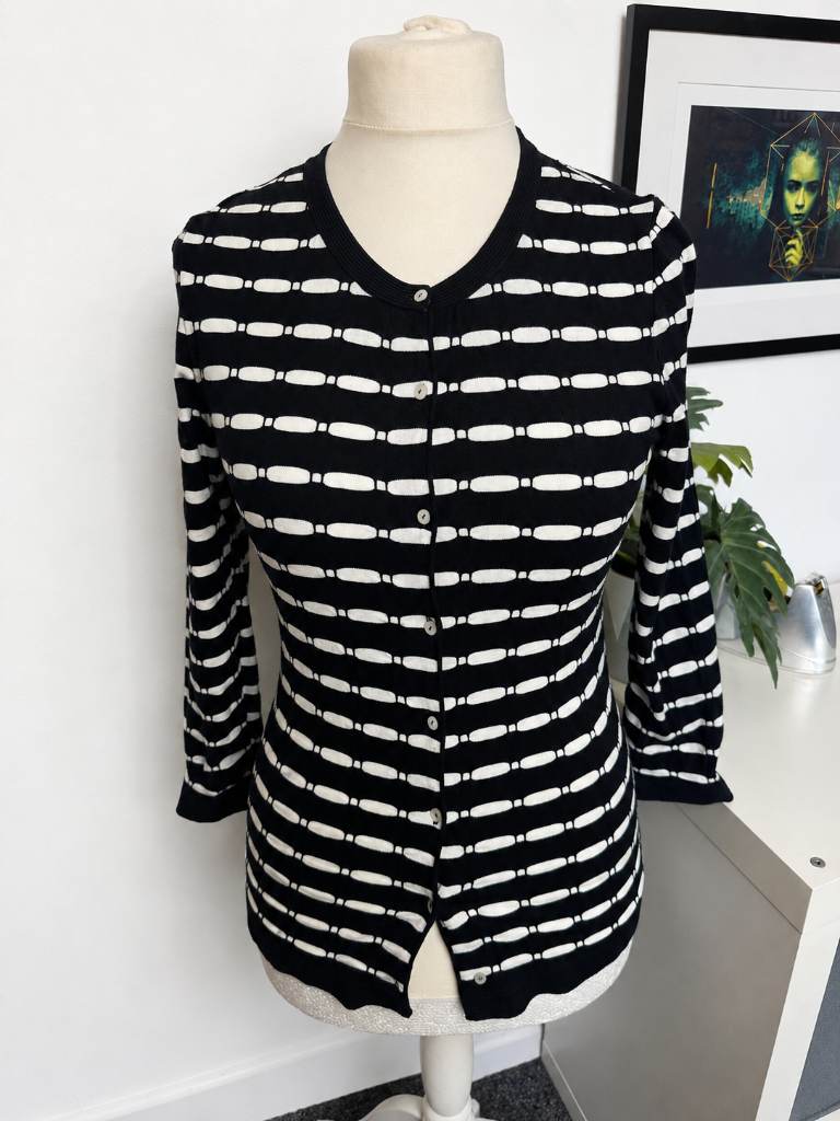 Marc Cain Cardigan Size UK 10 Navy White Stripe Designer Stretch Knit