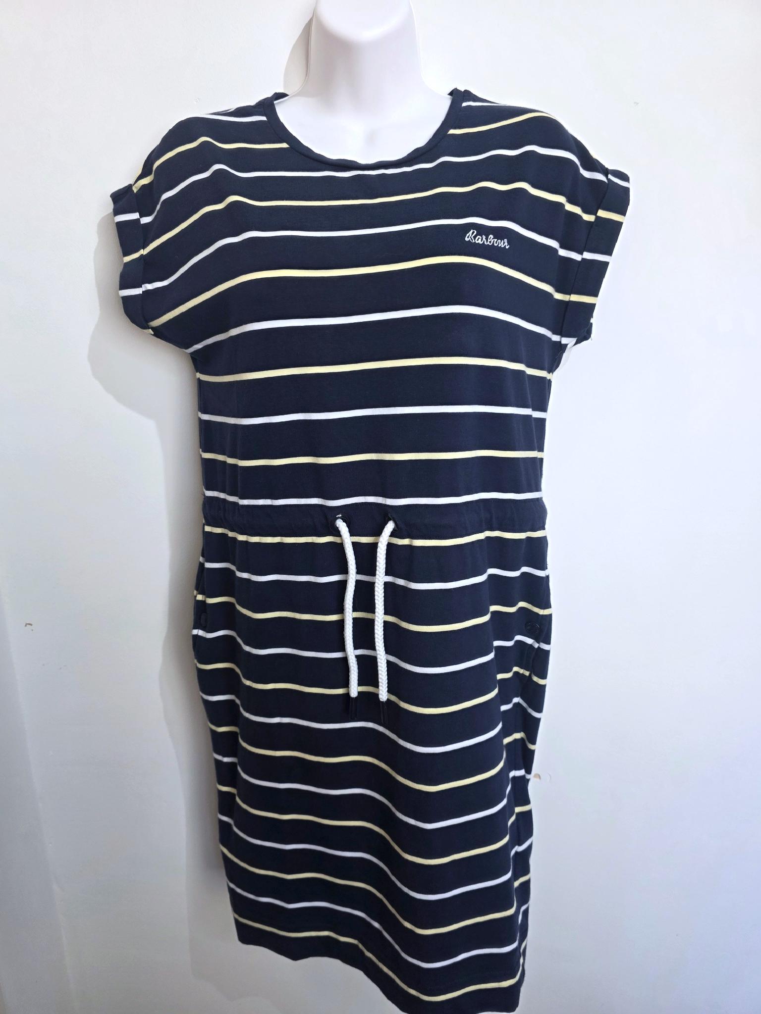 Barbour Stripe Dress Size 8 Navy White Cotton Casual Summer Midi