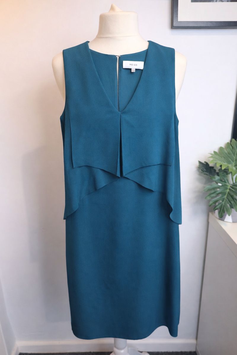 Reiss Teal Sleeveless Midi Dress Size UK 8 V Neck Tailored Occasion