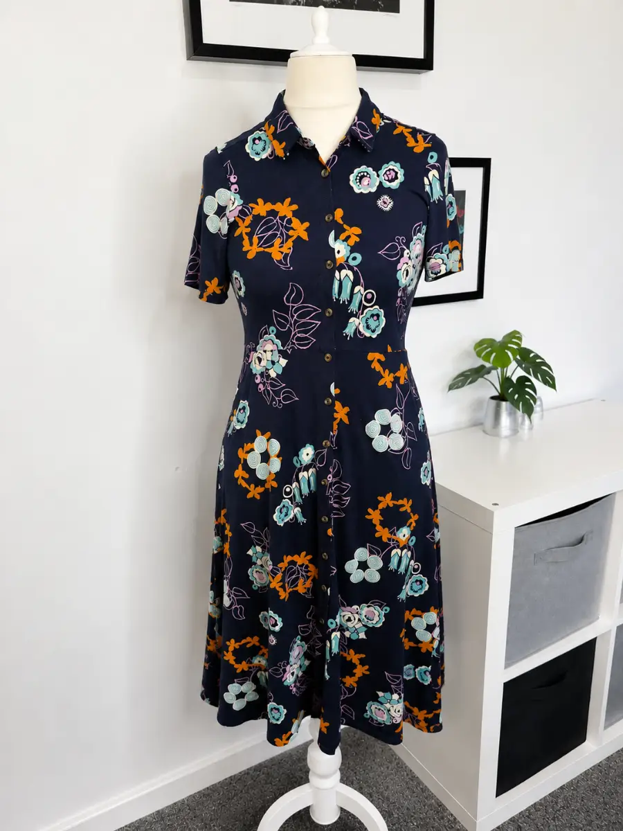 White Stuff Shirt Dress Size 10 Navy Floral Midi Organic Cotton Summer