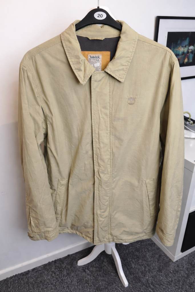 Men's Timberland Beige Waterproof Jacket Size Large Fleece Lined Hooded Outdoor Coat