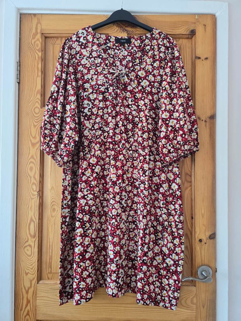 Next Red Floral Print Tie Neck Tunic Dress | Size UK 20