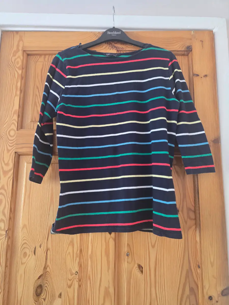 M&S Navy Multi Stripe 3/4 Sleeve Top | Size UK 14