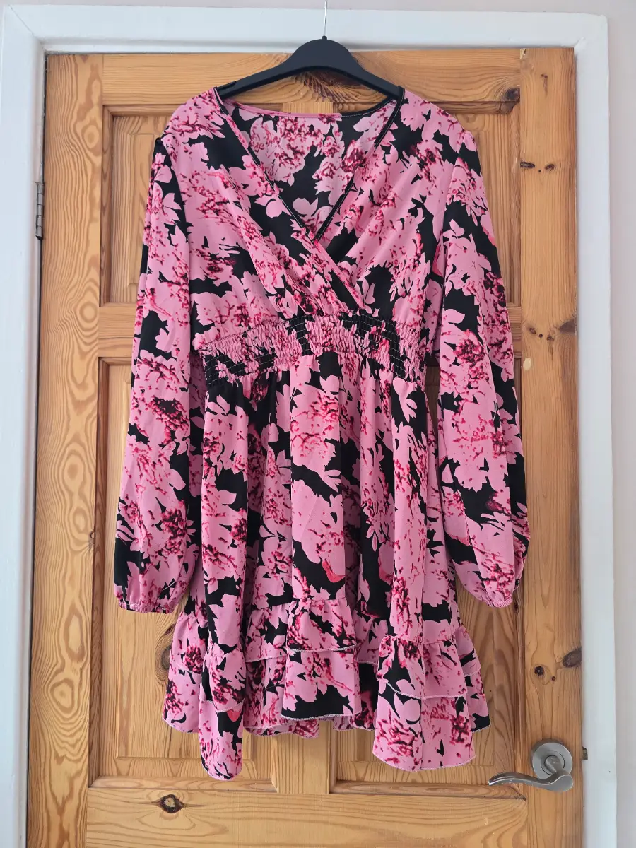 SHEIN Pink & Black Floral Long Sleeve Mini Dress | Size L / UK 12–14
