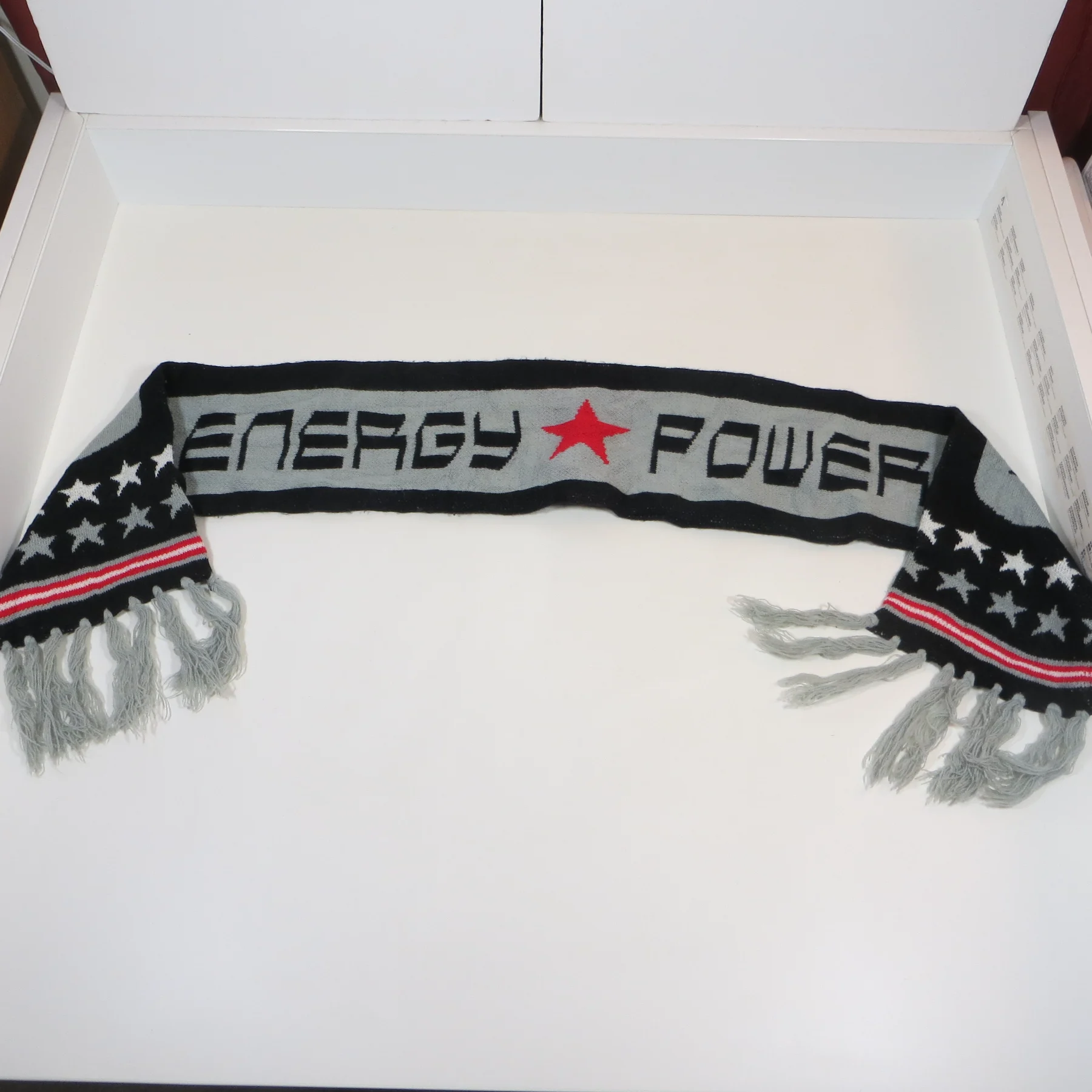 “Energy Power” Knit Star Pattern Tassel Scarf – Black/Grey/Red – Unisex Fashion