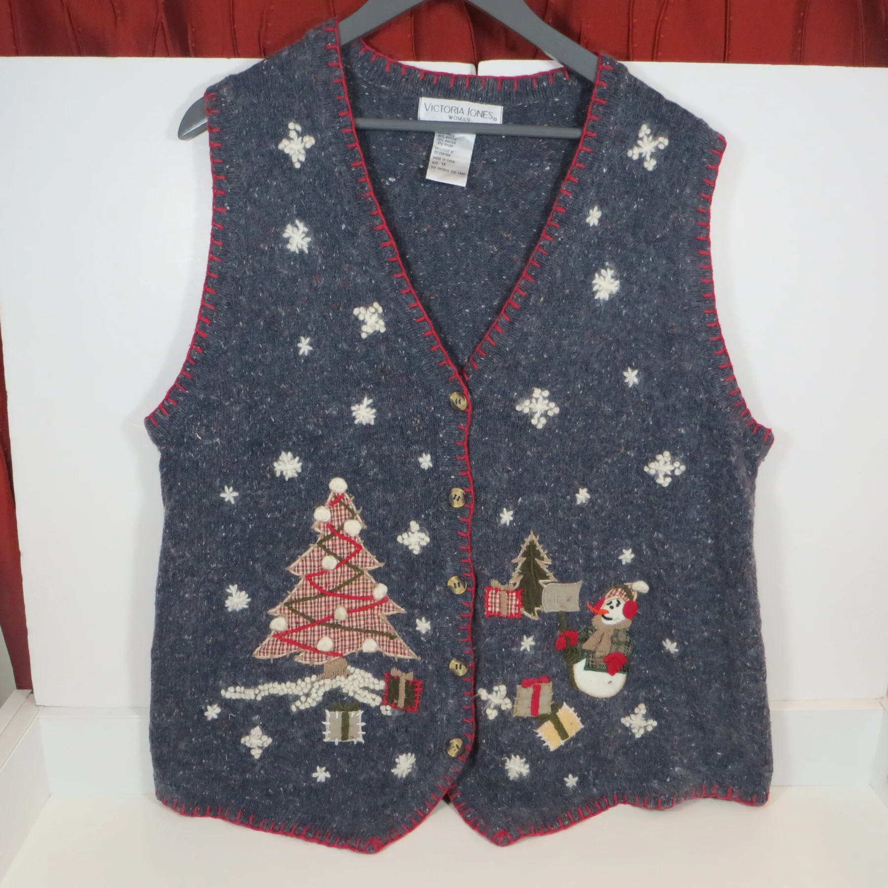 Vintage Victoria Jones Christmas Sweater Vest 1X Angora Snowman Tree 90s