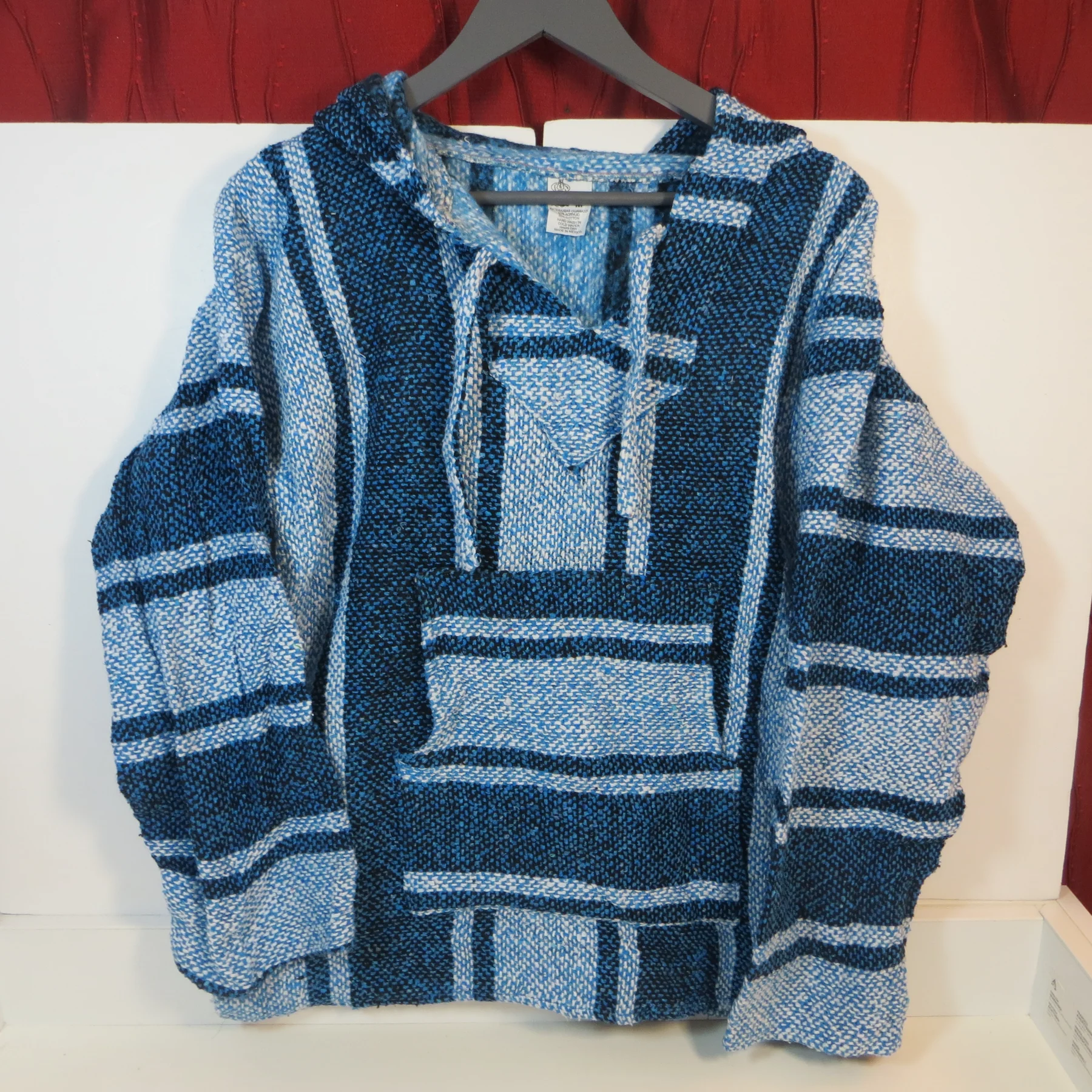 Vintage Mexican Baja Hoodie Striped Blue Med Cotton/Acryric Artesanias Cuamatzi