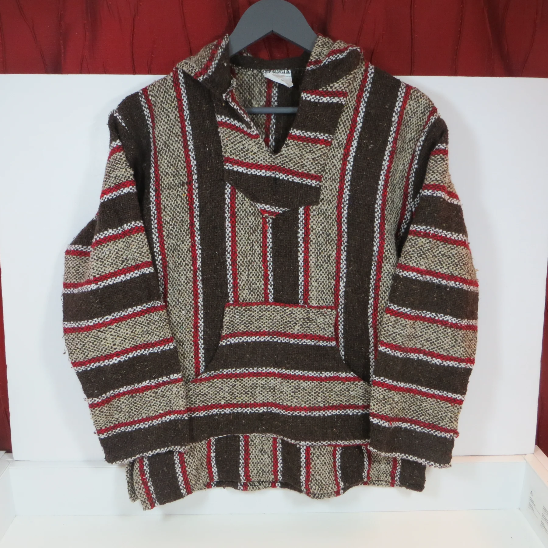 Vintage Frank’s Textiles Baja Hoodie Mexican Drug Rug Medium Striped Brown Red