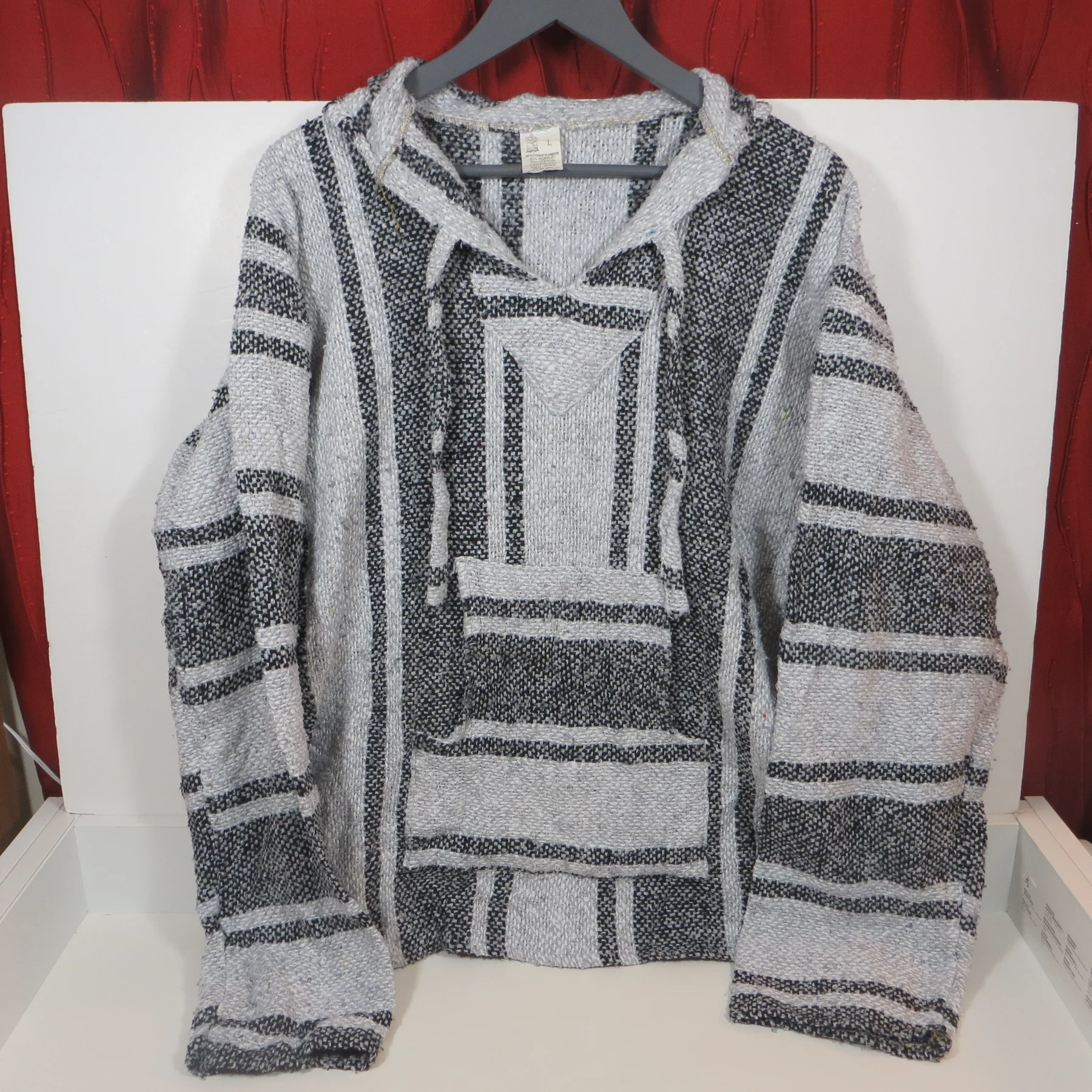 Vintage Artesanías Cuamatzi Mexican Baja Hoodie L Black Grey Striped Boho Surf