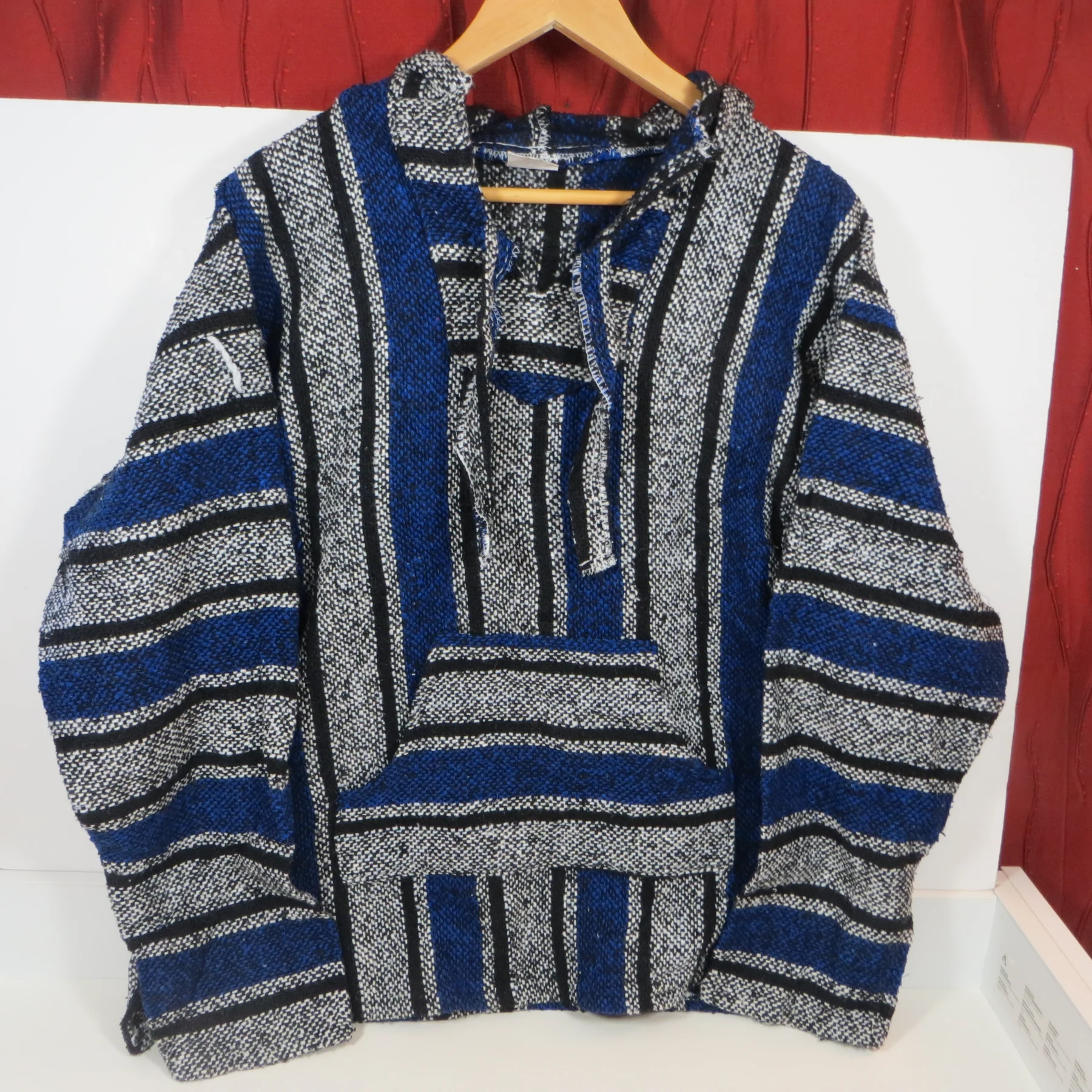 Tlaxcala Baja Hoodie Pullover Striped Blue Black White Large Made in Mexico