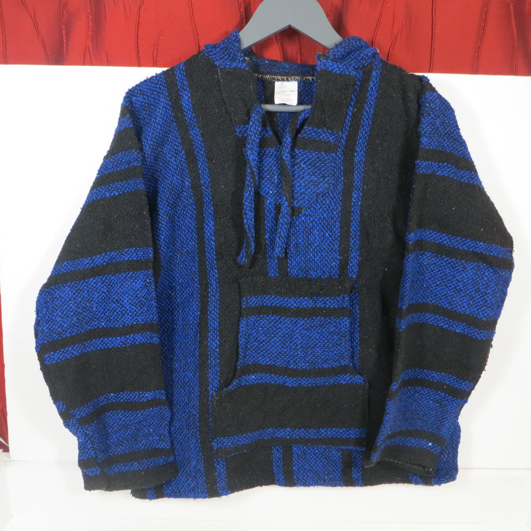 Vintage Mexican Baja Hoodie Black Blue Striped Jacket M Artesanías Cuamatzi