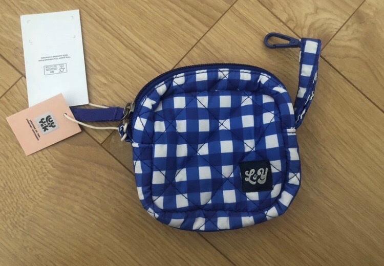 White and blue checkers pouch