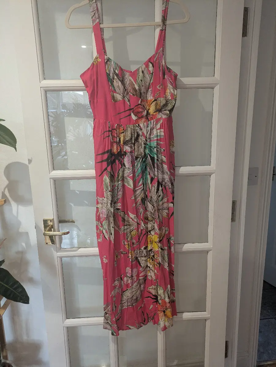 Strappy V-Neck Long Maxi Dress Floral Tropical Print Pink UK 12