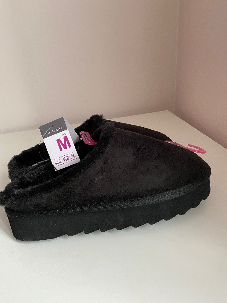Primark Black Faux Suede Fur Lined Mules Slippers Size M UK 5-6/EU 38-39/US 7-8