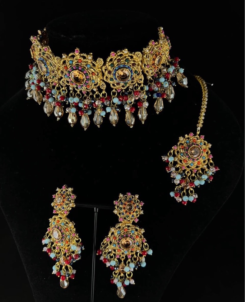 Gold toned multi coloured Indian/ Pakistani Jewellery set