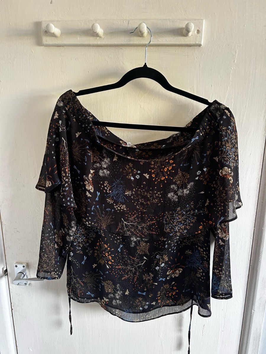 RIVER ISLAND Black Floral Off-Shoulder Bardot Blouse Top Size 12
