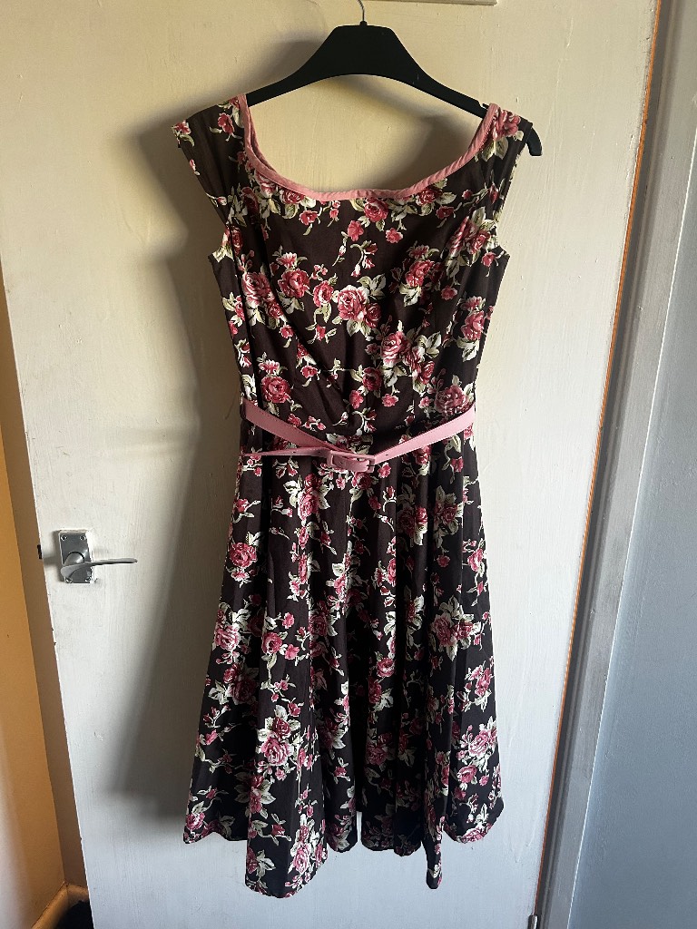 Hell Bunny Vixen Vintage-Style Floral Midi Dress with Matching Belt - Size S