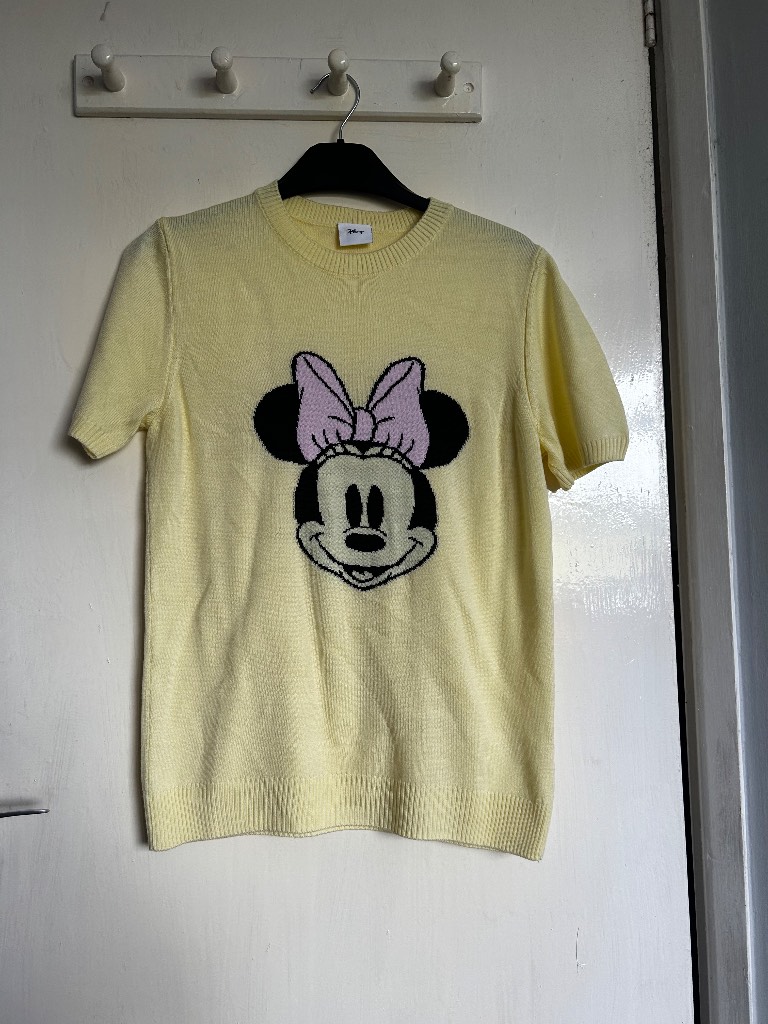 Disney Minnie Mouse Short Sleeve Knit Jumper Yellow Pastel Pink Bow Ribbed Knit Top Tee Sweater Size